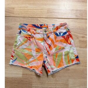 Guess Tropical Leaf Print Denim Shorts Women's 27 High Rise Y2K Vacation Beachy